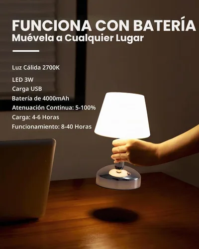 Vista 4 de KDG Lámparas de mesa pequeñas modernas inalámbricas, lámpara de escritorio LED regulable impermeable portátil para exteriores y ducha, luz con Plata