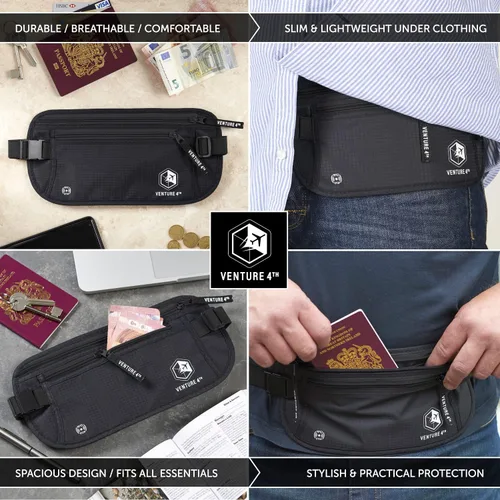 Vista 4 de VENTURE 4TH Cinturón de dinero de viaje, soporte delgado para pasaporte, bolsa de viaje con bloqueo RFID para proteger efectivo, tarjetas de crédito