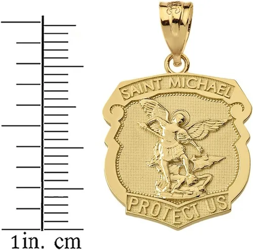Vista 2 de Collar y colgante con medalla en forma de escudo de San Miguel de oro amarillo de 14 quilates