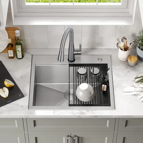 Vista 24 de DELTA FAUCET Delta Rivet 25 Pulgadas de Acero Inoxidable Negro Fregadero de Montaje Superior de Calibre 16 para Cocina con Tarja Única en Acabado