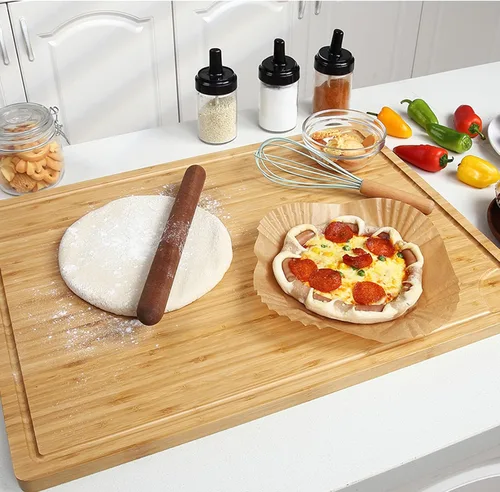 Vista 5 de Tabla de cortar de madera de bambú extragrande, tabla de cortar de madera de cocina de 24 x 18 pulgadas con ranura para jugo, tabla de cortar