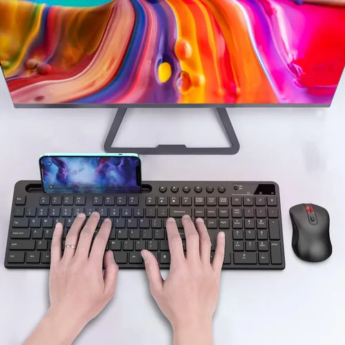 Vista 7 de Combinación de teclado y ratón inalámbricos, MARVO 2.4G Teclado inalámbrico ergonómico para computadora con soporte para teléfono y tableta, ratón