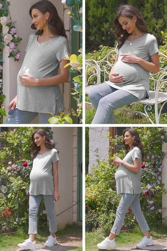 Vista 5 de Camisas de maternidad para mujer, manga corta, dobladillo dividido, ropa de embarazo
