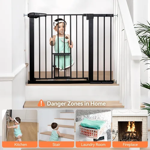 Vista 3 de COMOMY Puerta de bebé con cierre automático con puerta para gatos, puerta extra ancha para perros de 29.5 a 40.5 pulgadas para puertas de casa