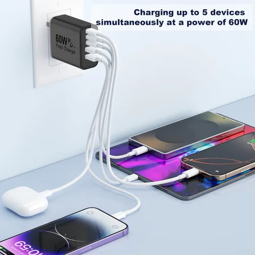 Vista 6 de Bloque de cargador USB C, bloques de carga 5 en 1 de 60 W, cargador rápido PD 3.0, enchufe de pared negro QC 2A, bloque de carga multipuerto tipo C