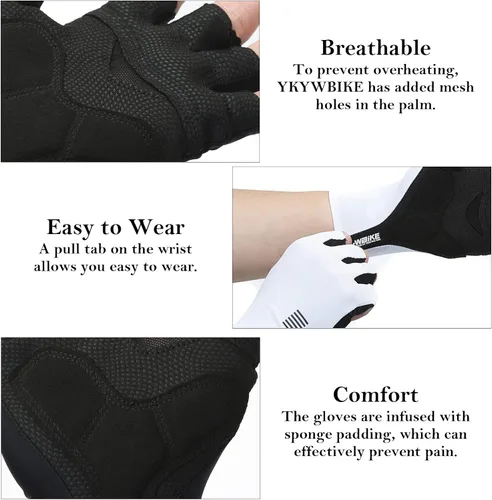 Vista 5 de YKYWBIKE Guantes de ciclismo transpirables, guantes deportivos acolchados de medio dedo, guantes de ciclismo antideslizantes, guantes de bicicleta