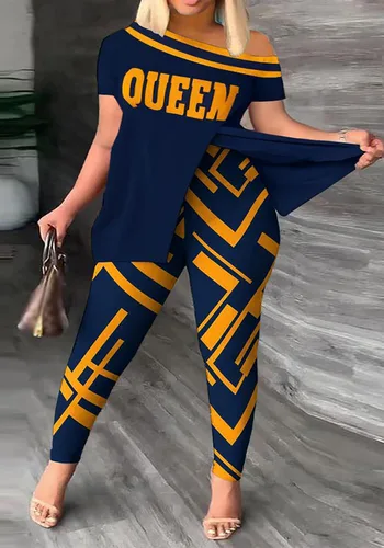 Vista 2 de Ecirod Conjunto de 2 piezas de verano para mujer, con un hombro, estampado floral, parte superior con abertura alta, conjunto de leggings