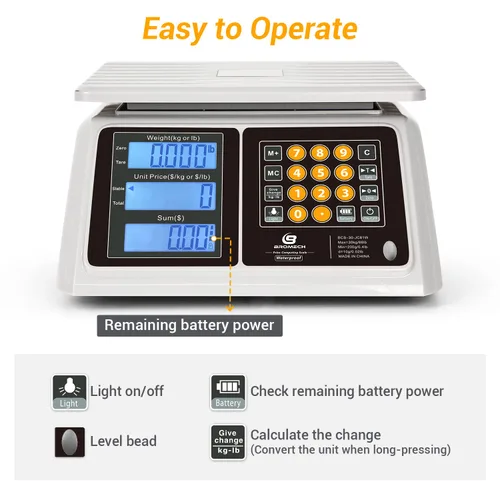 Vista 5 de Báscula comercial impermeable para alimentos BROMECH de 66 libras con cálculo de precios Digital Rechargeable Scale for Meat, Seafood, Produce at