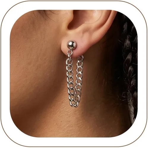 Vista 22 de ChainsHouse Huggie Hoop Earrings for Men Women, Stainless Steel A: Aro de cuentas (1 par) - Plata