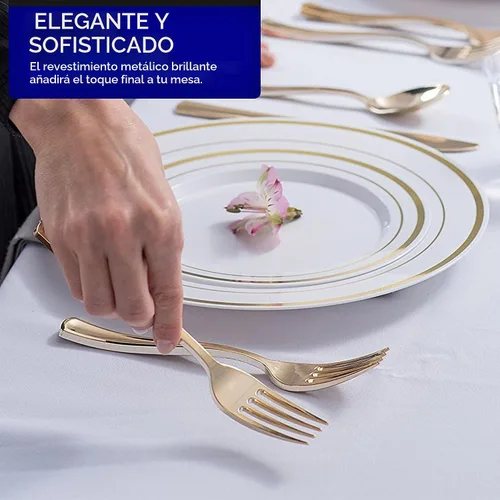 Vista 5 de Juego de cubiertos de plástico resistente (dorado) de 75 piezas, juego de cubiertos desechables, ideal para fiestas, bodas y catering, cubiertos