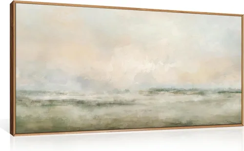 Vista 34 de Lienzo decorativo abstracto grande con marco naranja quemado, decoración de pared azul neutro y negro, arte moderno con pinceladas, impresión