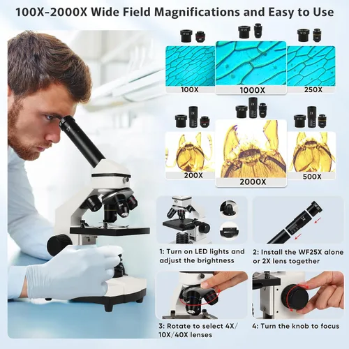 Vista 2 de Microscopio para adultos profesionales: microscopio compuesto para niños de 8 a 12 años, kit de microscopio para niños de 100X-2000X