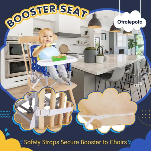 Vista 6 de Silla de bebé portátil, asiento elevador plegable con bandeja para mesa de comedor, silla de camping compacta para césped, playa, viajes, bebés de 6