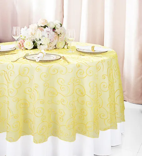 Vista 17 de Manteles de organza bordados redondos de 90 pulgadas, manteles de organza para bodas, fiestas, banquetes, eventos, color verde manzana