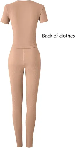 Vista 4 de LICOBOD Conjunto deportivo de 2 piezas acanalado casual para mujer, manga corta, cuello redondo, leggings elásticos de cintura media