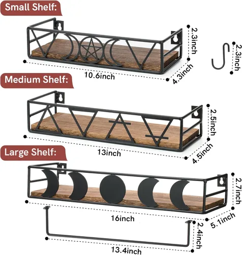 Vista 3 de Pracaniz Estante de pared de fase lunar con 4 ganchos, estantes de pared de cocina o estantes flotantes de baño. Estante de cristal para decoración