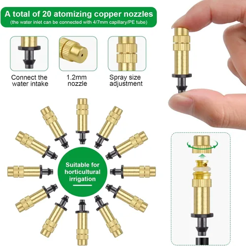 Vista 4 de Boquilla atomizadora de cobre ajustable de 1/4 de pulgada, rociador de riego por goteo Kalolary de 4/0.276 in, microrociador atomizador para jardín