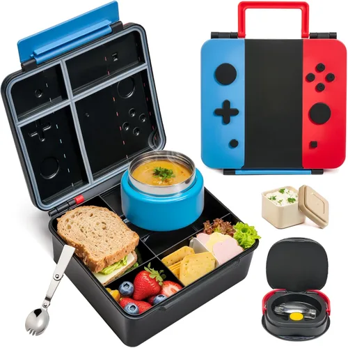 Vista 10 de Caja Bento Game para niños, lonchera con termo (tarro de comida de 9 onzas), cuchara plegable, divisor extraíble y taza de salsa, lonchera infantil