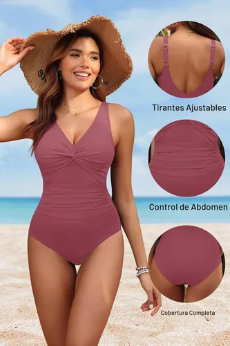 Vista 4 de Traje de baño de una pieza con control de abdomen para mujer Rojo rubor