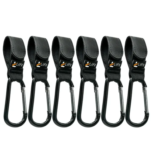 Vista 8 de 2 ganchos negros para cochecito de bebé para colgar Correas multiusos para cochecito con clips duraderos y elegantes para bolsas de pañales El