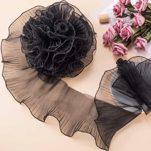 Vista 7 de OIIKI Ribetes de Encaje de Organza Plisada con Volantes 5 Yardas, Ribete de Tela de Gasa de Organza Negra con Volantes, Borde de Encaje con Volantes