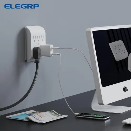 Vista 4 de ELEGRP Extensor de 6 salidas con anclaje central, pestaña de pared con conexión a tierra de 3 puntas, extensor de salida múltiple con 6 tomas