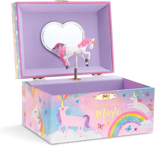 Vista 2 de Jewelkeeper Joyero musical de sirena arcoíris para niña, paquete de diseño de lámina dorada con caja de almacenamiento de joyería musical para niña