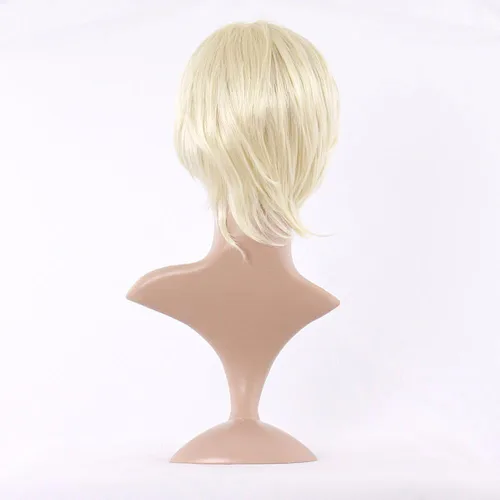 Vista 4 de MapofBeauty Peluca sintética con flequillo lateral corto y recto para fiesta de cosplay (rubio claro), Rubio claro