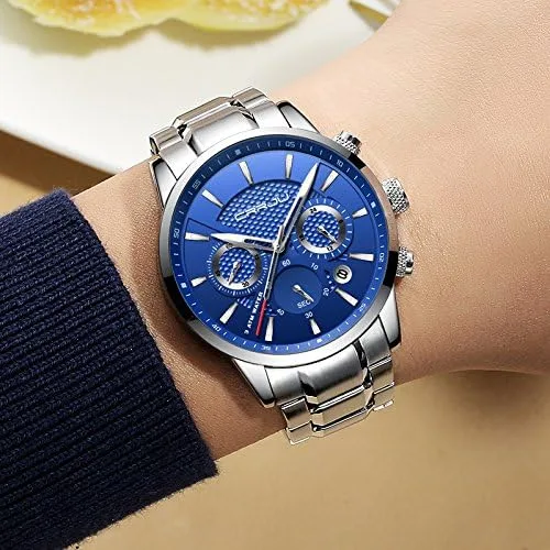 Vista 5 de CRRJU Reloj de pulsera impermeable de cuarzo con cronógrafo casual para hombre, correa de cuero negro