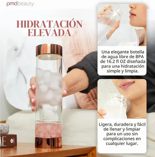 Vista 3 de PMD Beauty Botella de agua de vidrio Aqua con cuarzo rosa grado A de 16.2 onzas, botella de vidrio reutilizable, sin BPA, diseño minimalista