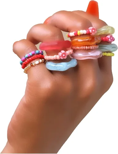 Vista 2 de SENNI Anillos de resina acrílica coloridos y lisos con cuentas elásticas para mujeres y niñas