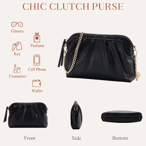 Vista 5 de VASCHY Bolso de mano para mujer, de cuero vegano fruncido, pequeño, formal, de noche, bolso cruzado al hombro, boda, fiesta