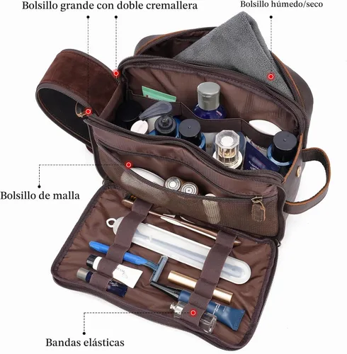 Vista 4 de Polare - Neceser de cuero de grano completo, kit de afeitado, estuche de viaje, bolsa de lavado con cremalleras YKK A- marrón oscuro