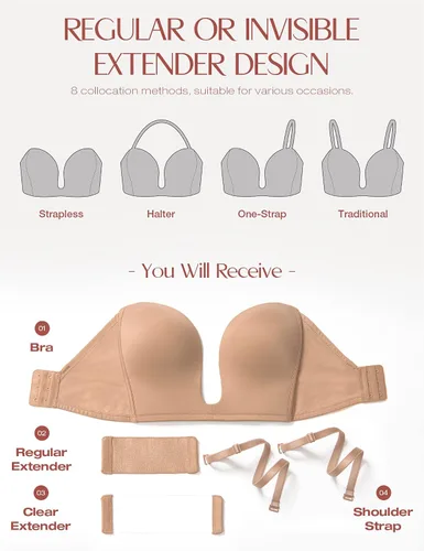 Vista 6 de Wingslove Sujetador sin tirantes de inmersión profunda para mujer, brasier sin tirantes de corte bajo, brasier sin alambre, alfombra roja