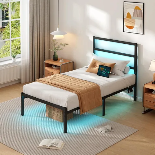 Vista 3 de CLIBFENG Base de cama individual con cabecero, soporte de listones de acero resistente, marco de cama LED con estación de carga USB, base de colchón
