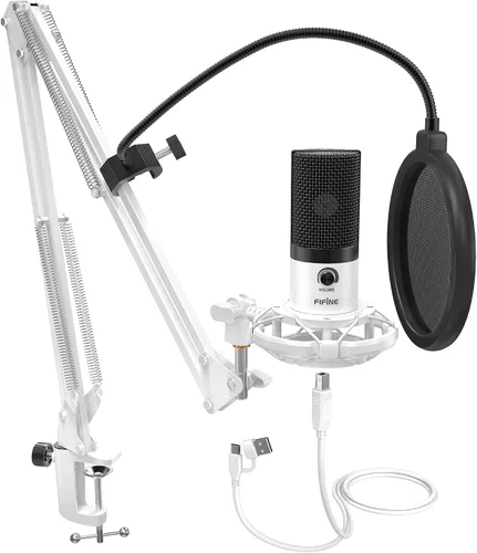 Vista 10 de FIFINE Micrófono USB de condensador de estudio, kit de micrófono para computadora con brazo de brazo ajustable, soporte de choque para instrumentos