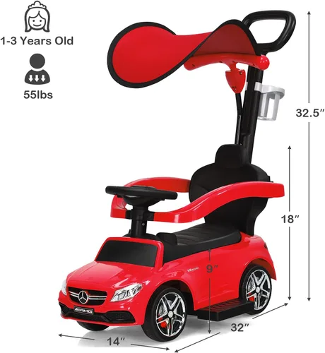 Vista 8 de HONEY JOY Auto de empuje para montar pie a suelo, con toldo y asa, portavasos, bocina, almacenamiento debajo del asiento, autos de empuje Mercedes