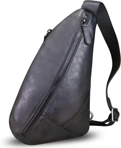 Vista 2 de LRTO Bolso de cuero genuino para mujeres y hombres, mochila de cuero vintage para el hombro, bolso cruzado en el pecho, Grisoscuro