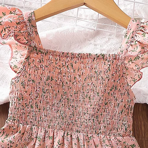 Vista 4 de Vestidos de manga con mosca para niñas pequeñas, vestido floral con mangas con vuelo, vestido de princesa de flores, vestido de verano para niños