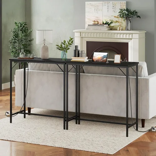 Vista 4 de HOOBRO Mesa de bar con estación de carga, mesa de pub rectangular, mesa de café alta, mesa de bar de altura de mostrador, mesa de comedor estrecha