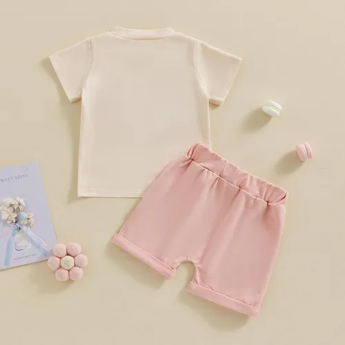 Vista 3 de Conjunto de 2 piezas de ropa para bebé niña pequeña con letras bordadas, camiseta y pantalones cortos para correr