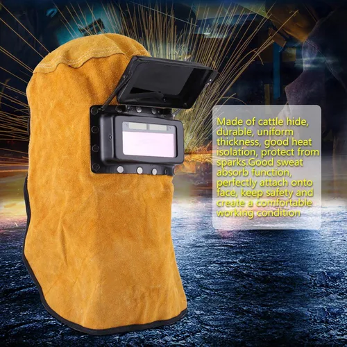 Vista 6 de Casco de soldadura con capucha de soldador de cuero, máscara de soldadura ajustable, casco de soldadura con lente de filtro de oscurecimiento