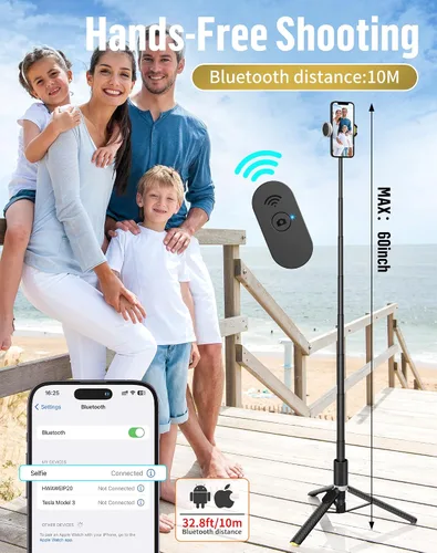 Vista 4 de Trípode para selfie para teléfono: soporte para teléfono para grabación, Bluetooth Selfie Stick para iPhone compatible con Android