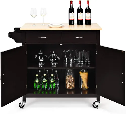 Vista 3 de Giantex Isla de cocina, carrito de cocina rodante, encimera de madera, carrito de servicio utilitario con armario de almacenamiento y 2 toalleros