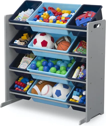 Vista 5 de Delta Children Organizador de almacenamiento de juguetes para niños con 12 contenedores de plástico, certificado Greenguard Gold, gris/azul