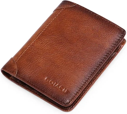 Vista 2 de GOIACII - Cartera de piel auténtica para hombre con bloqueo RFID con 2 ventanas de identificación 2 compartimentos para billetes tarjetas SIM
