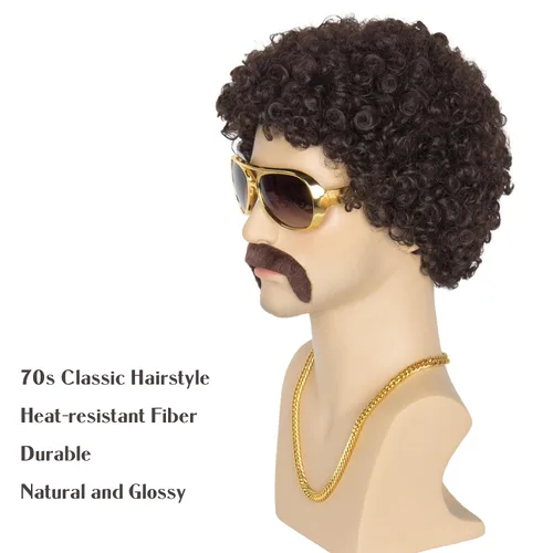 Vista 5 de Miss U Hair - Peluca afro corta y rizada para hombre, peluca de fiesta de los años 70, peluca de discoteca de Halloween con collar, lentes y bigote