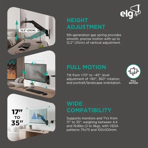 Vista 3 de ELG - Soporte de pared para monitor de resorte de gas, pantallas de movimiento completo de 17-35 pulgadas de hasta 19.8 libras, extensión de 15