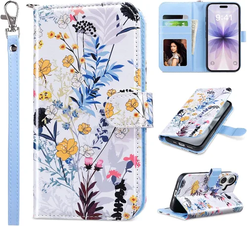 Vista 42 de ULAK Funda tipo billetera compatible con iPhone 15 para mujeres, funda tipo cartera con estampado floral de piel PU premium con porta tarjetas