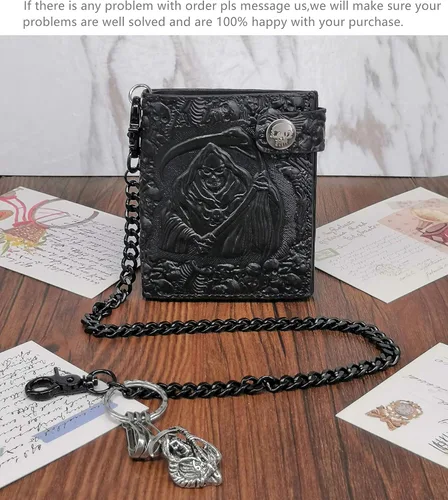 Vista 4 de ABC STORY Cartera unisex con diseño de calavera gótica punk con cadena de camionero plegable